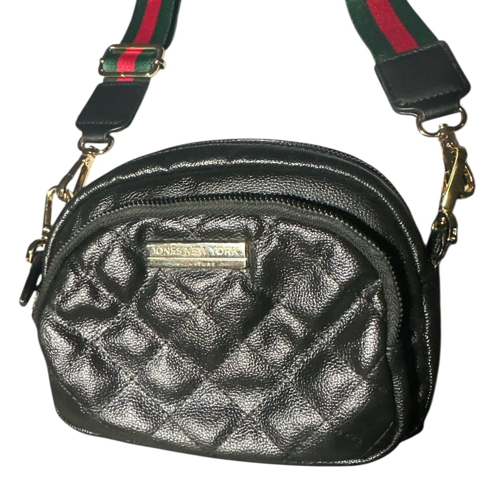 Black Pebbled Leather Jones of New York Crossbody Bag With Green & Red Strap
